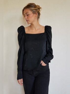 CRAS Black Floral Jacquard Puff Sleeve Square Neck Blouse Top EU 36 Small Roses